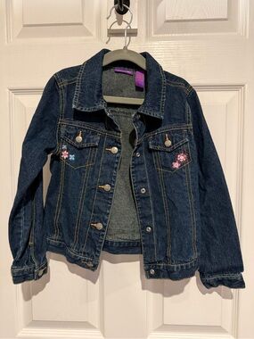 Girls' Dark Blue Denim Jacket with Floral Embroidery